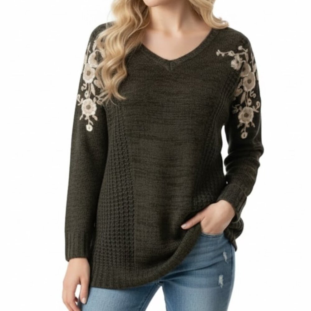 Vintage Havana Sweater Embroidered Flower V-Neck Pullover Womens Medium/Large